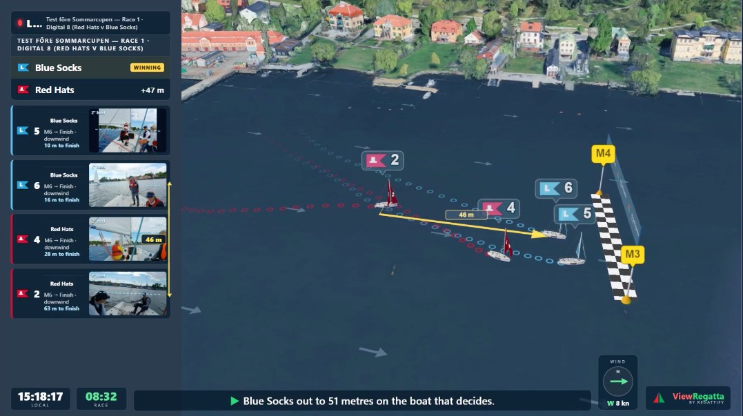 ViewRegatta live feed: a fully-rendered 3D view of a team race on Riddarfjärden with boat positions, onboard-camera thumbnails, live standings, wind and timing, and AI-generated commentary.